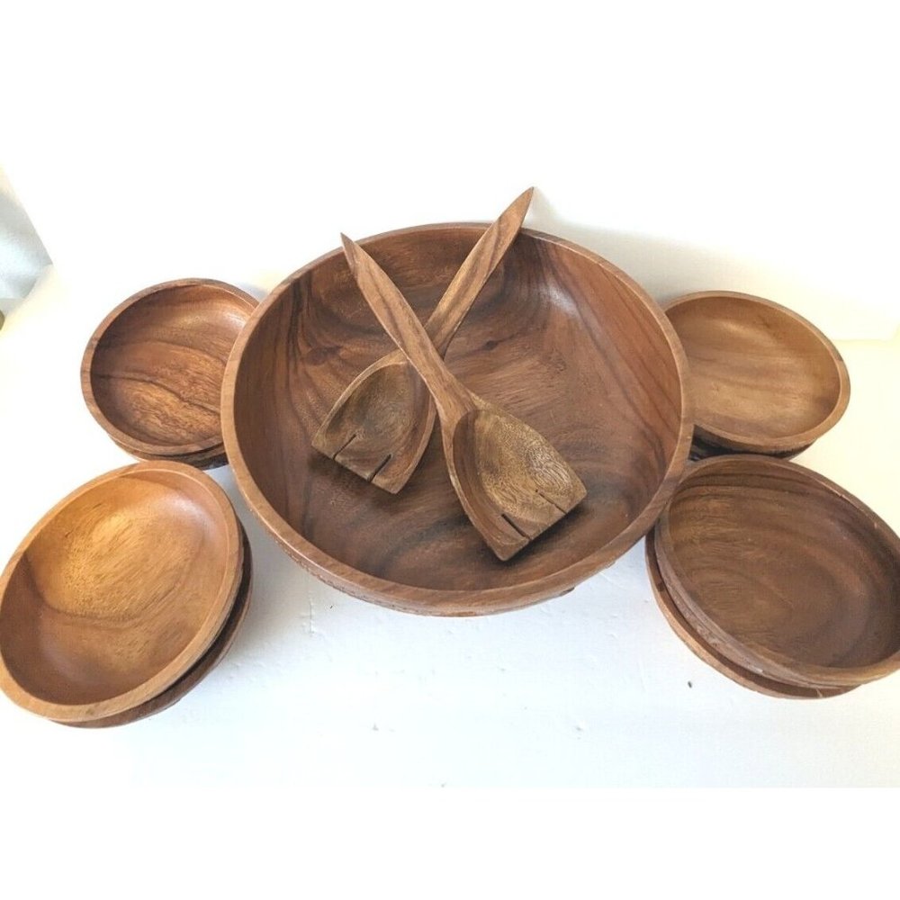 Vintage Monkey Pod Salad Bowl Serving Set w Serving Spoons & 8 Bowls Carved